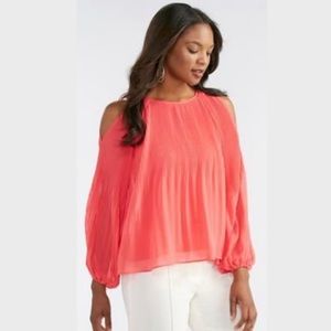 Cato Fashions Women's Neon Coral Long Sleeve Pleat Cold Shoulder Top - NWT